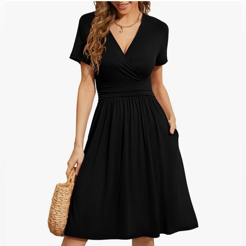 Summer Short Sleeve Casual Dresses V-Neck Floral Party Dress with Pockets 🖤